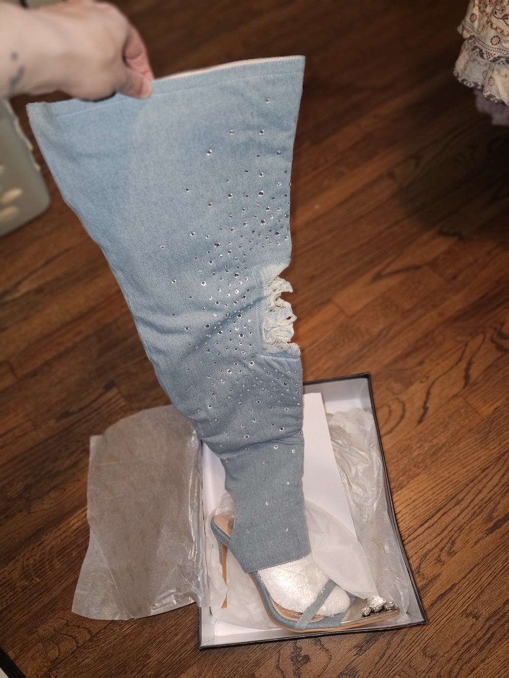 Cape Robbin Light Blue Rhinestone Distressed Denim Over-the-Knee Boots - Picture 5 of 10